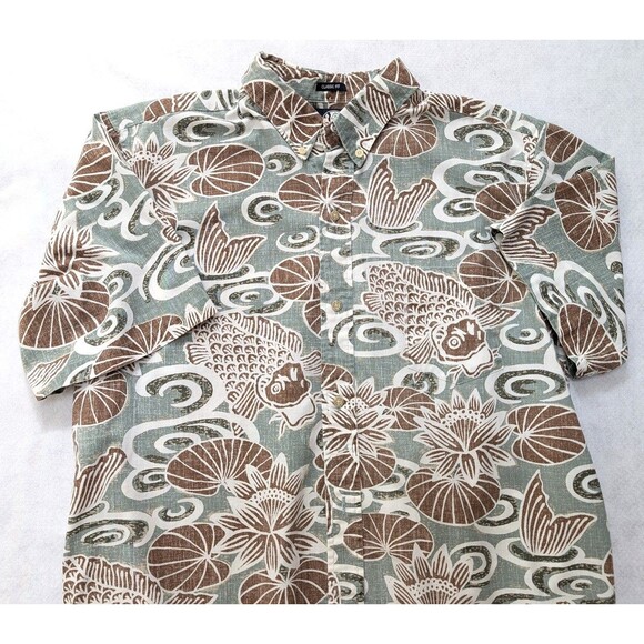 Vintage Hawaiian Button-Up Shirt Sz XL Koi Fish & Lotus Print Short Sleeveion - Picture 1 of 6